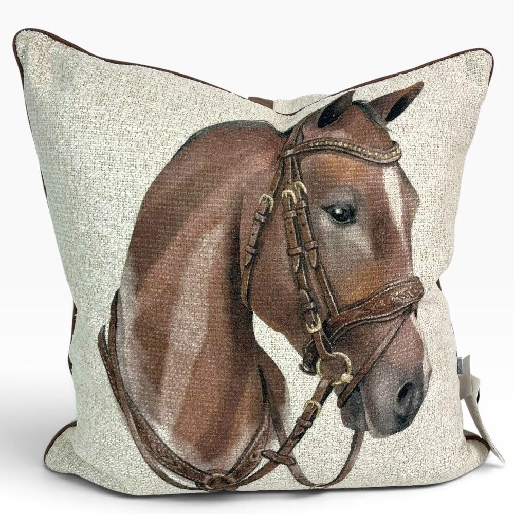 Maco Design Poland Horse Head Square Throw Pillow 20x20 Textured Equastrian Polo